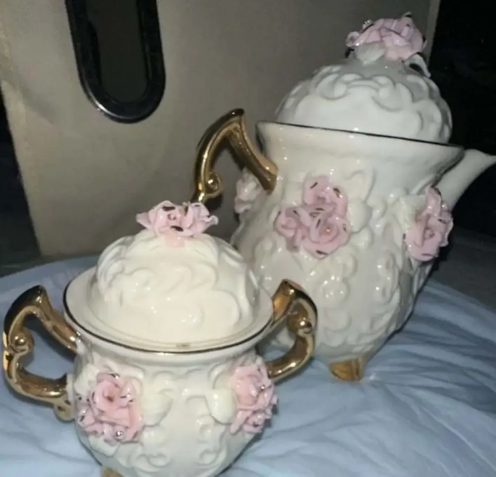 Vintage Cracker Barrel 3-Piece Porcelain Tea Set with Pink Roses and Gold Trim